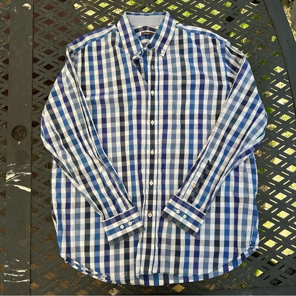 J. McLaughlin Size Large Blue White Plaid Button Down Long Sleeve 100% Cotton - Picture 1 of 6